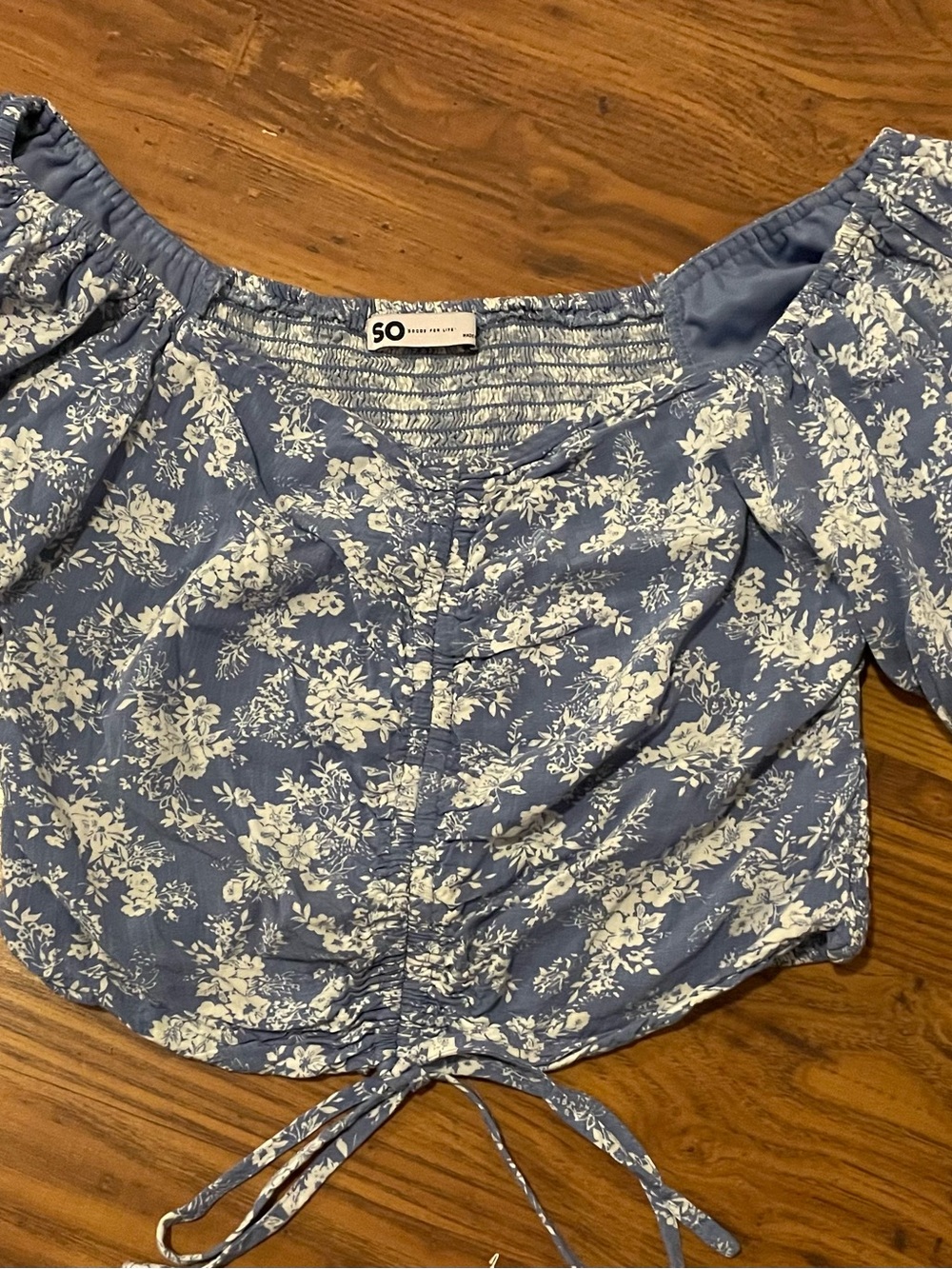 SO Blue Floral Off‑Shoulder Drawstring Crop Top